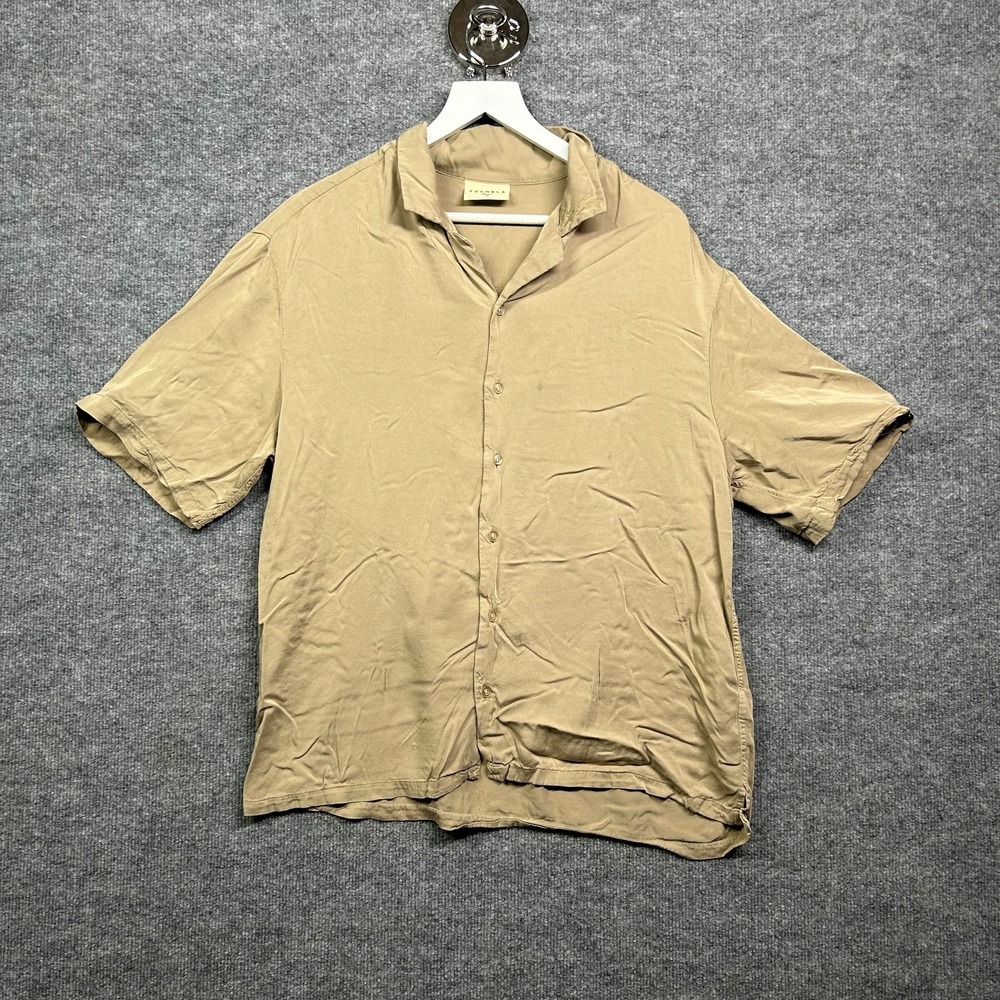 YoungLA Button Up Shirt Mens Large Tan Khaki Good Viscose Short Sleeve 444